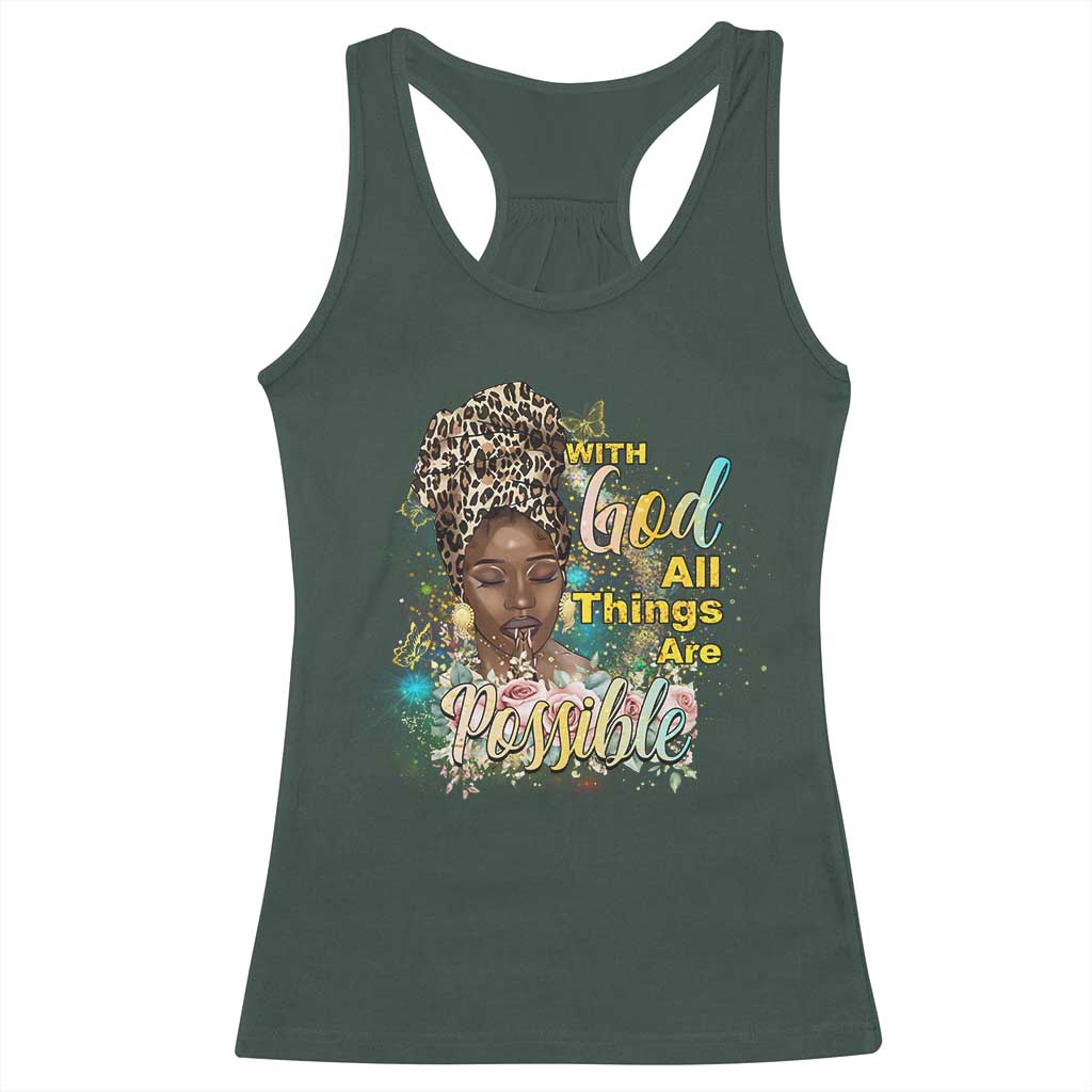 Christian African American Racerback Tank Top With God All Things Are Possible Black Prayer TS11 Dark Forest Green Print Your Wear