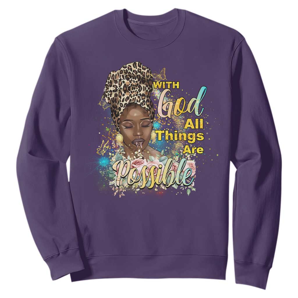Christian African American Sweatshirt With God All Things Are Possible Black Prayer TS11 Purple Print Your Wear