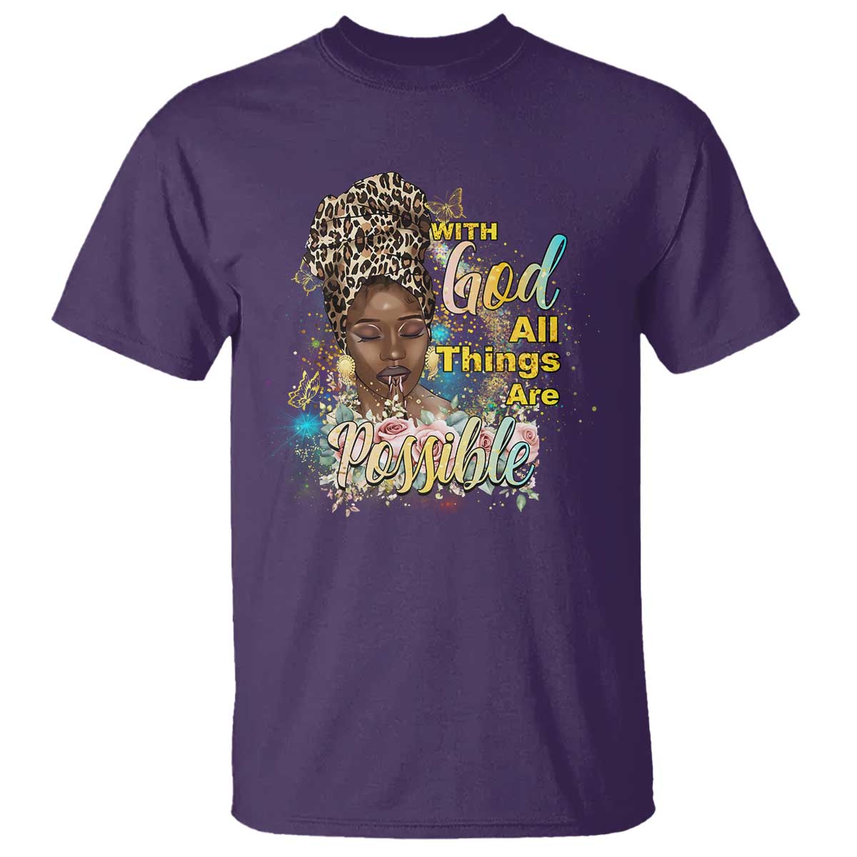 Christian African American T Shirt With God All Things Are Possible Black Prayer TS11 Purple Print Your Wear