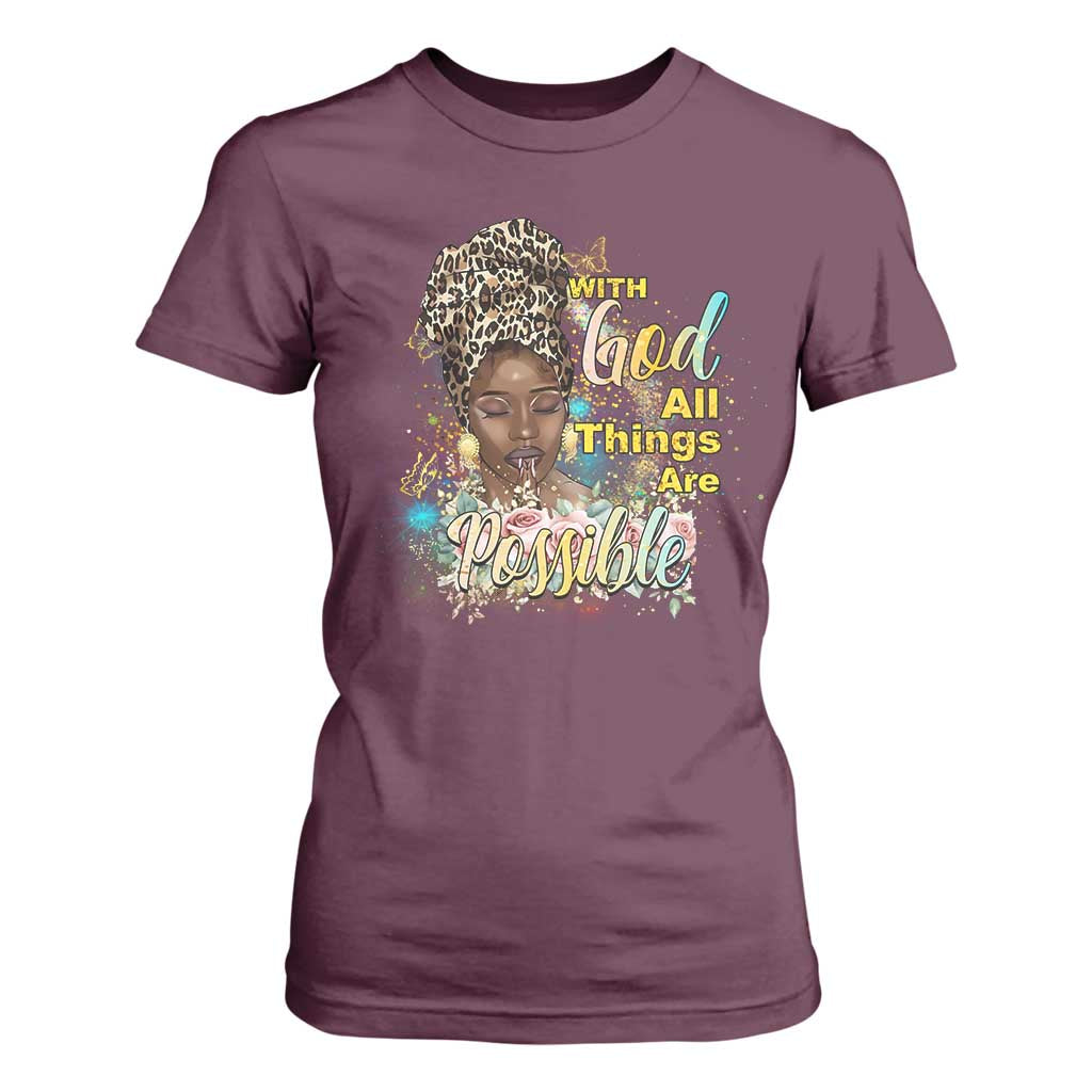 Christian African American T Shirt For Women With God All Things Are Possible Black Prayer TS11 Maroon Print Your Wear