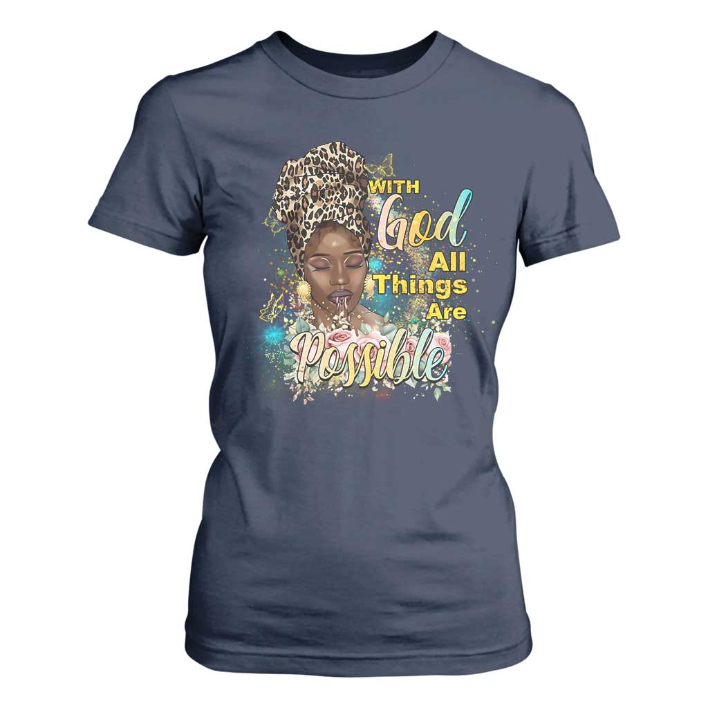 Christian African American T Shirt For Women With God All Things Are Possible Black Prayer TS11 Navy Print Your Wear