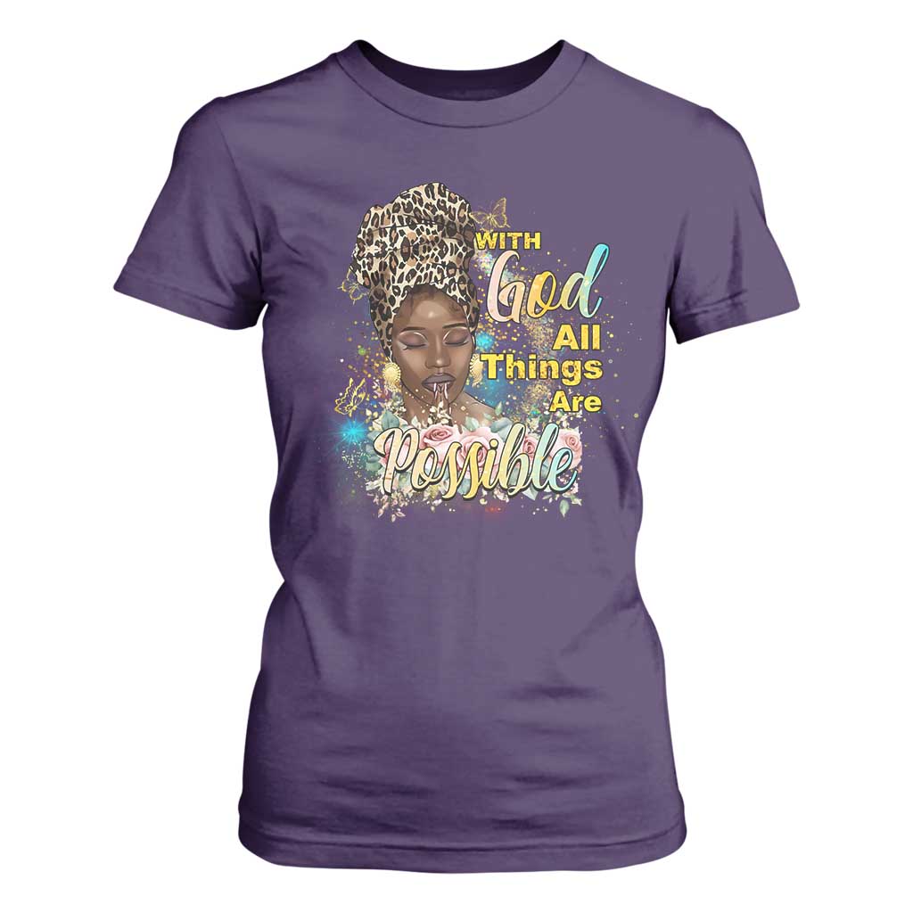Christian African American T Shirt For Women With God All Things Are Possible Black Prayer TS11 Purple Print Your Wear