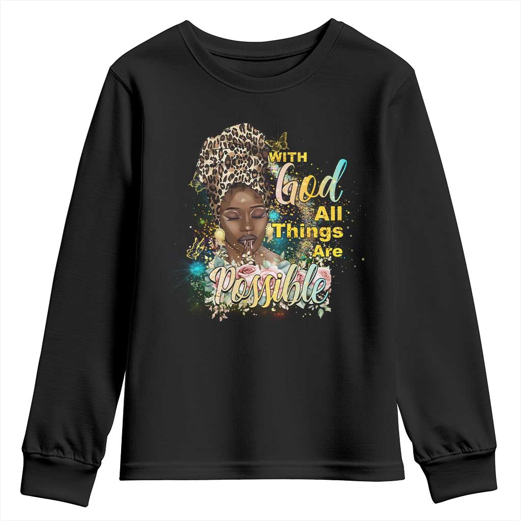 Christian African American Youth Sweatshirt With God All Things Are Possible Black Prayer TS11 Black Print Your Wear