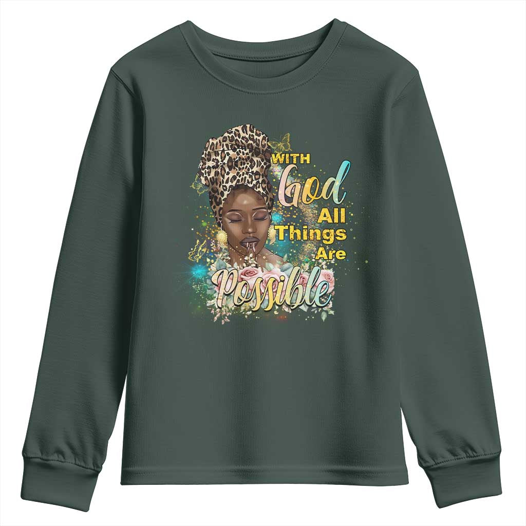 Christian African American Youth Sweatshirt With God All Things Are Possible Black Prayer TS11 Dark Forest Green Print Your Wear