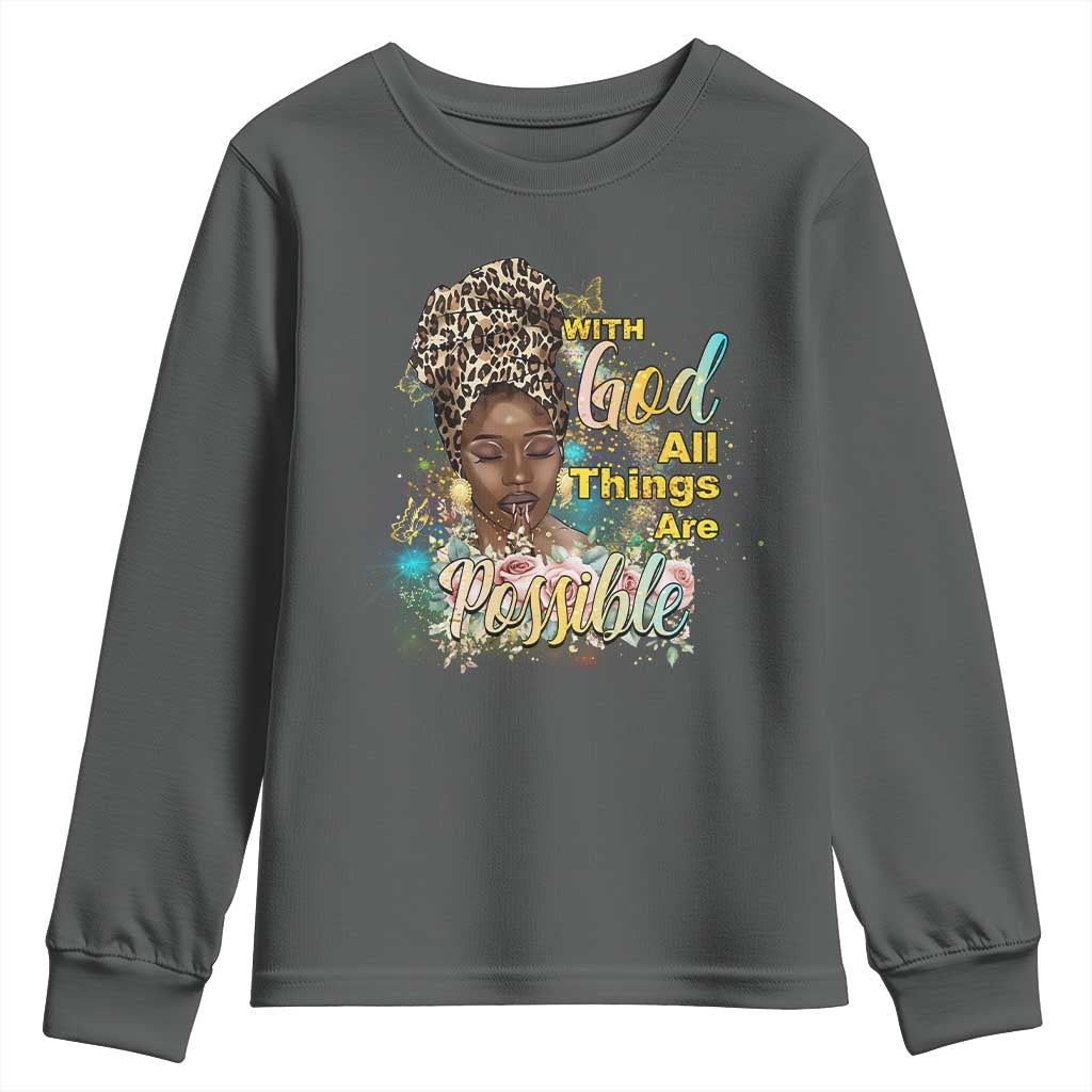 Christian African American Youth Sweatshirt With God All Things Are Possible Black Prayer TS11 Dark Heather Print Your Wear