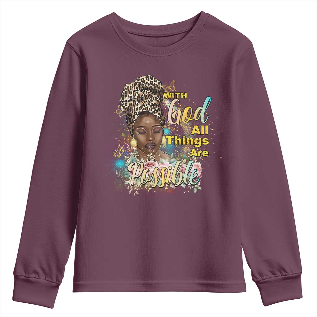 Christian African American Youth Sweatshirt With God All Things Are Possible Black Prayer TS11 Maroon Print Your Wear