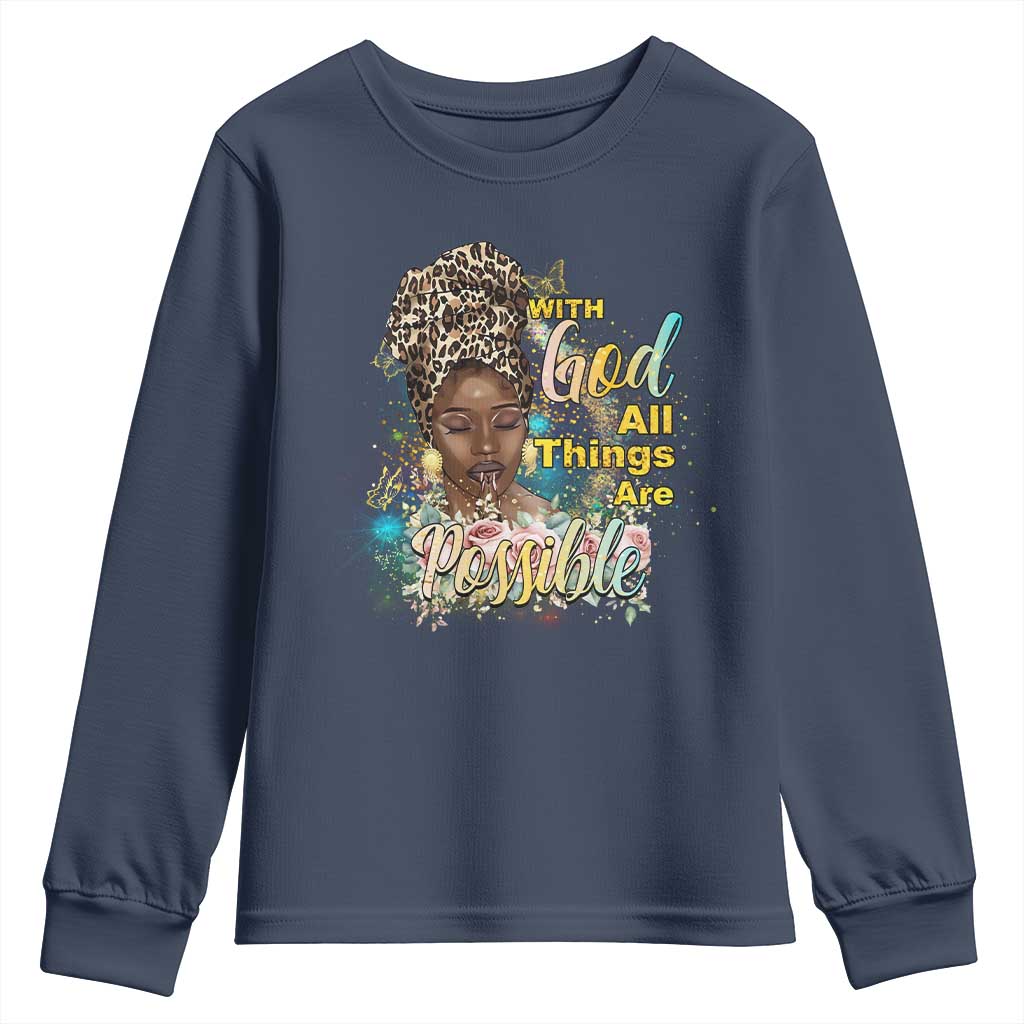 Christian African American Youth Sweatshirt With God All Things Are Possible Black Prayer TS11 Navy Print Your Wear