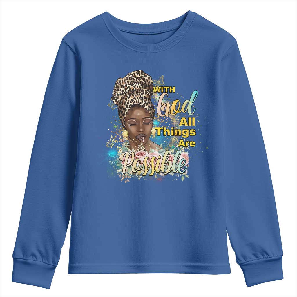Christian African American Youth Sweatshirt With God All Things Are Possible Black Prayer TS11 Royal Blue Print Your Wear