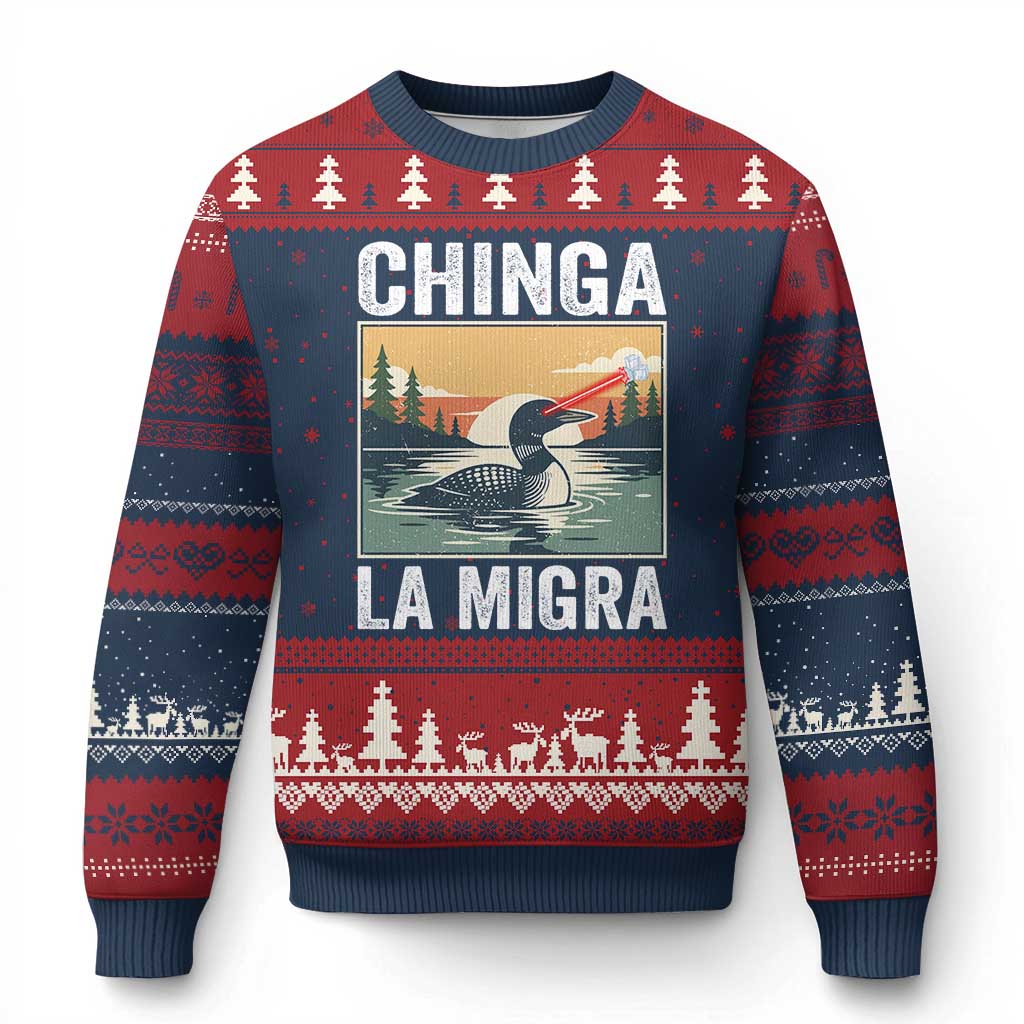 Chinga La Migra Ugly Christmas Sweater Minnesota Loon Laser Ice Cube Political Protest TS11 Navy Red Print Your Wear
