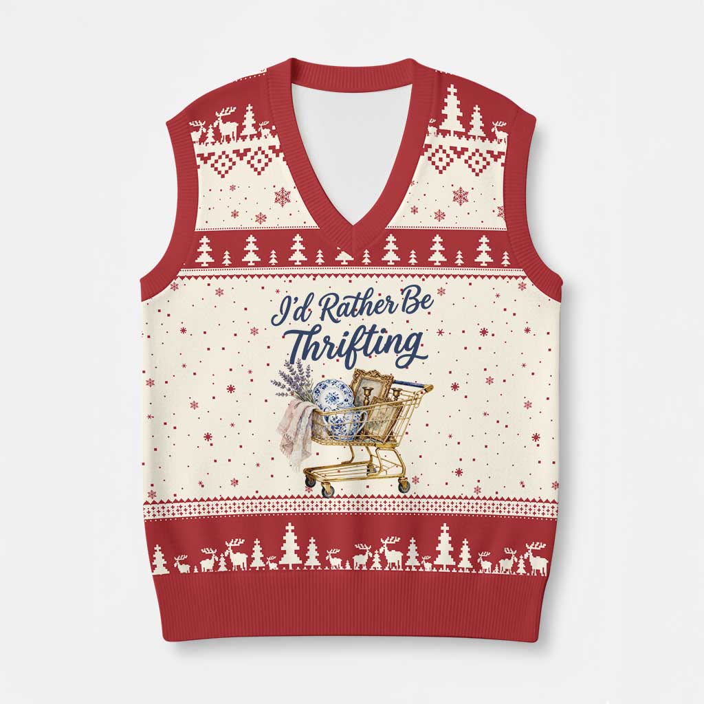I Would Rather Be Thrifting V-Neck Knit Sweater Vest Funny Shopping Quote Thrift Lover TS11 Beige Red Print Your Wear