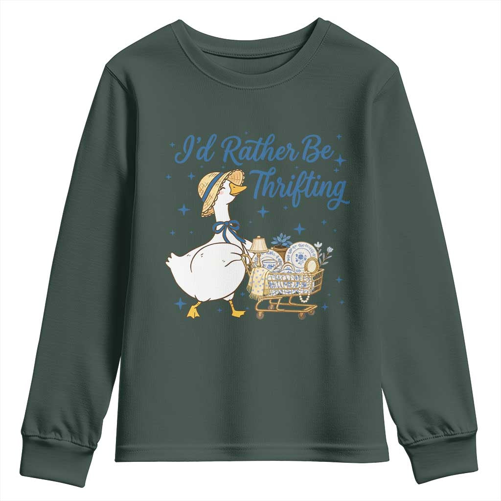 Silly Goose I Would Rather Be Thrifting Youth Sweatshirt Funny Shopping Goose TS11 Dark Forest Green Print Your Wear