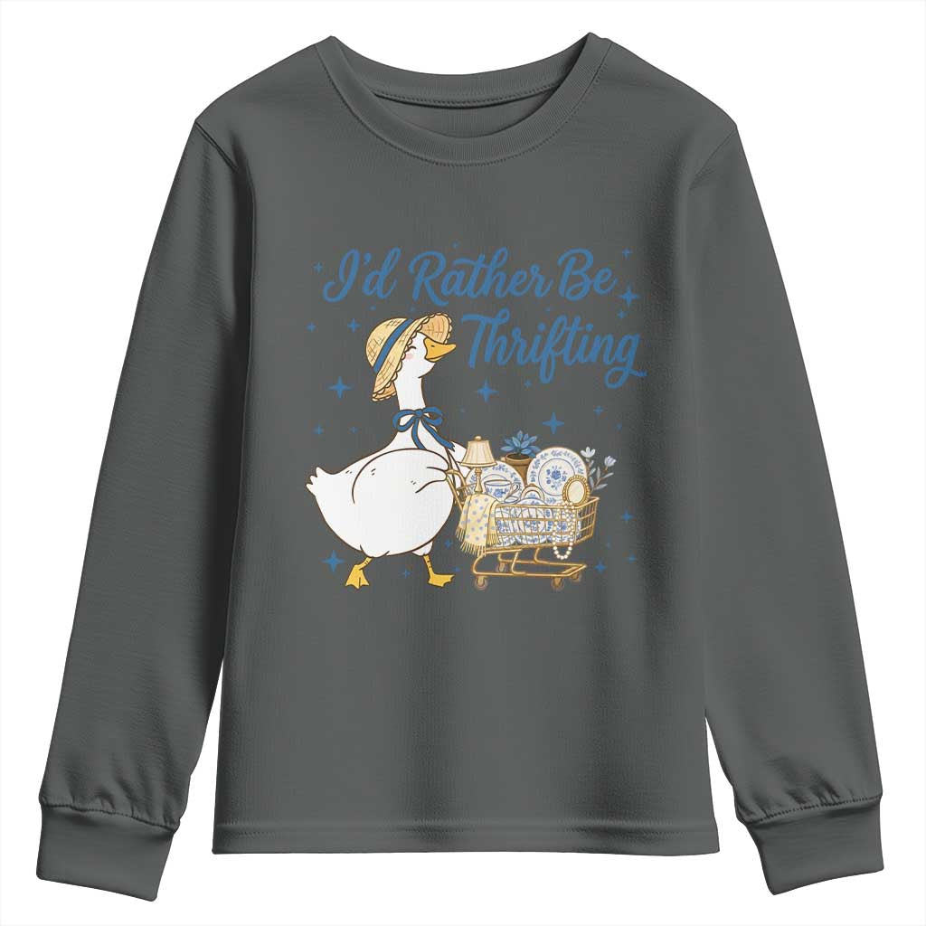 Silly Goose I Would Rather Be Thrifting Youth Sweatshirt Funny Shopping Goose TS11 Dark Heather Print Your Wear
