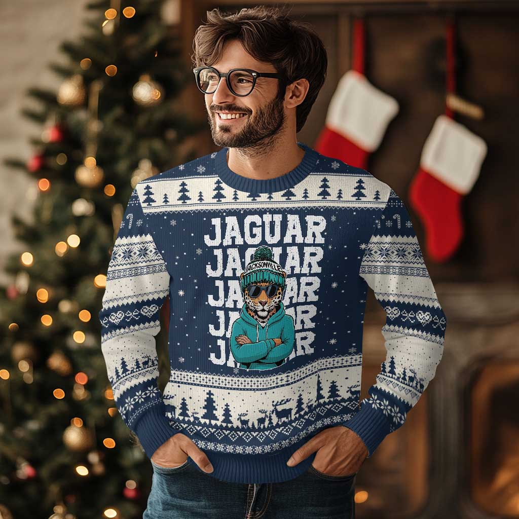 Jaguar Lover Ugly Christmas Sweater JJF Football Fan Game Day TS11 Navy Beige Print Your Wear