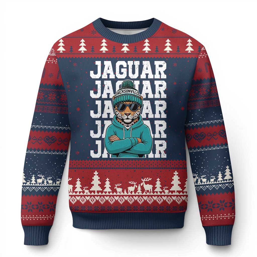 Jaguar Lover Ugly Christmas Sweater JJF Football Fan Game Day TS11 Navy Red Print Your Wear