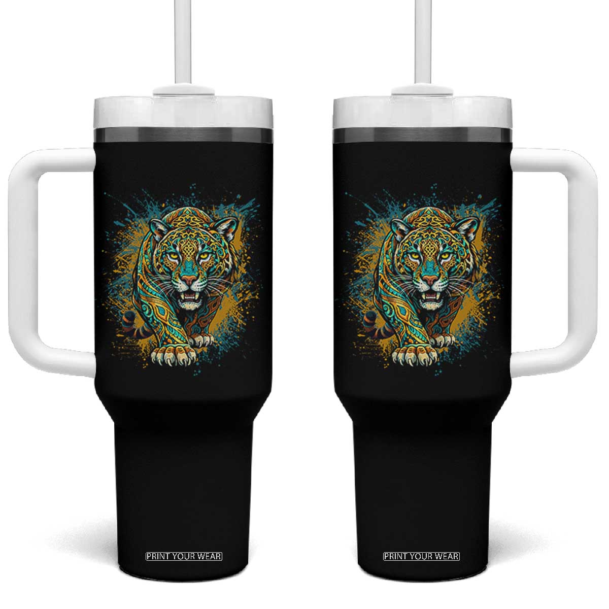 Mandala Spiritual Jaguar Zen Art Tumbler With Handle TS11 One Size: 40 oz Black Print Your Wear