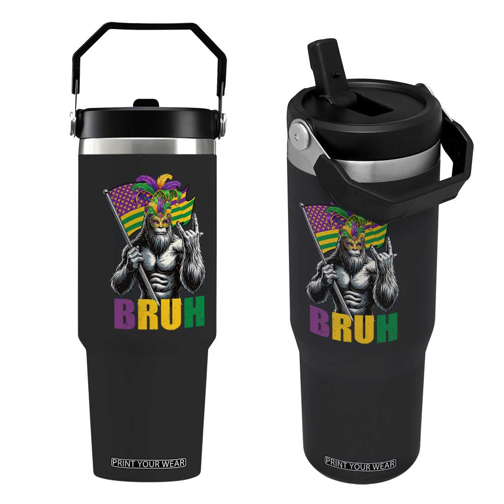 Funny Mardi Gras Bigfoot Bruh Flip Straw Tumbler Sasquatch Carnival NOLA American Flag TS11 One Size: 30 oz Black Print Your Wear