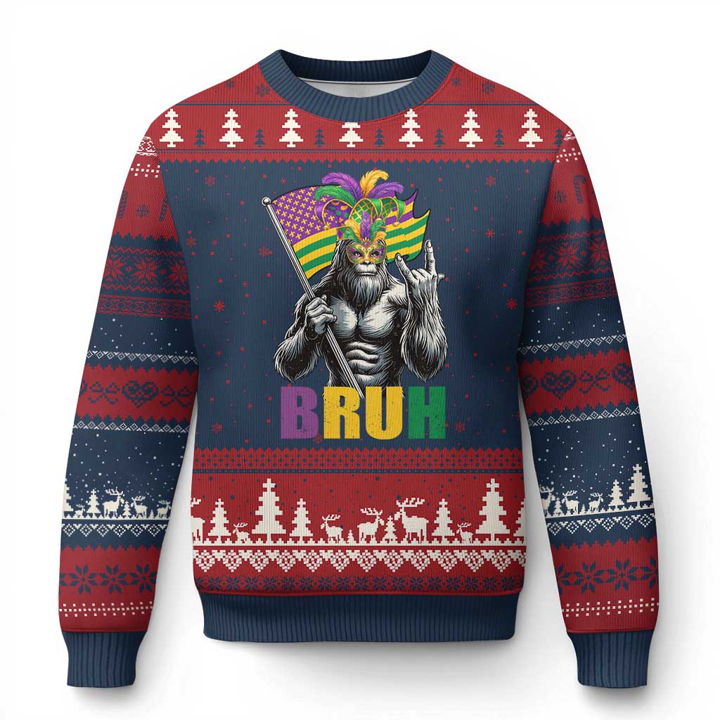 Funny Mardi Gras Bigfoot Bruh Ugly Christmas Sweater Sasquatch Carnival NOLA American Flag TS11 Navy Red Print Your Wear