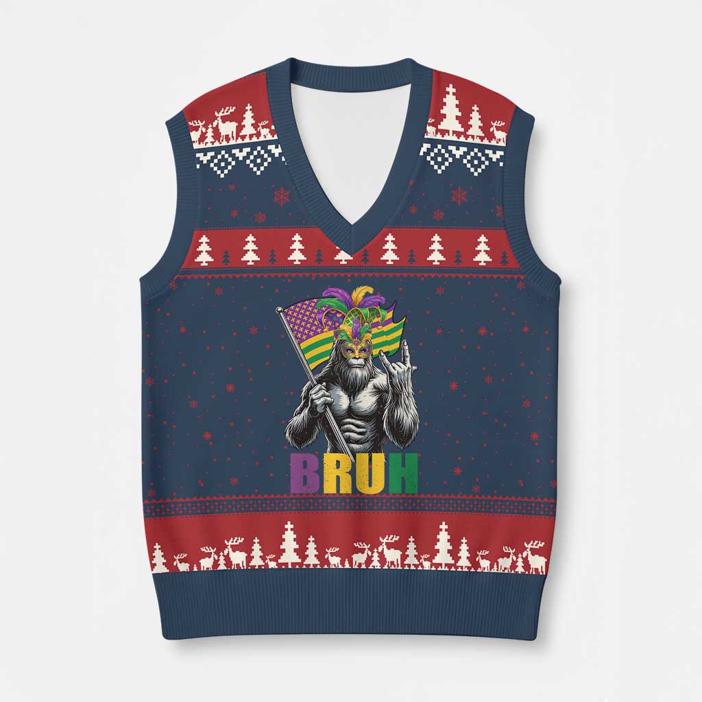 Funny Mardi Gras Bigfoot Bruh V-Neck Knit Sweater Vest Sasquatch Carnival NOLA American Flag TS11 Navy Red Print Your Wear