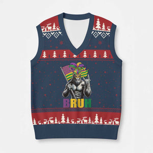 Funny Mardi Gras Bigfoot Bruh V-Neck Knit Sweater Vest Sasquatch Carnival NOLA American Flag TS11 Navy Red Print Your Wear