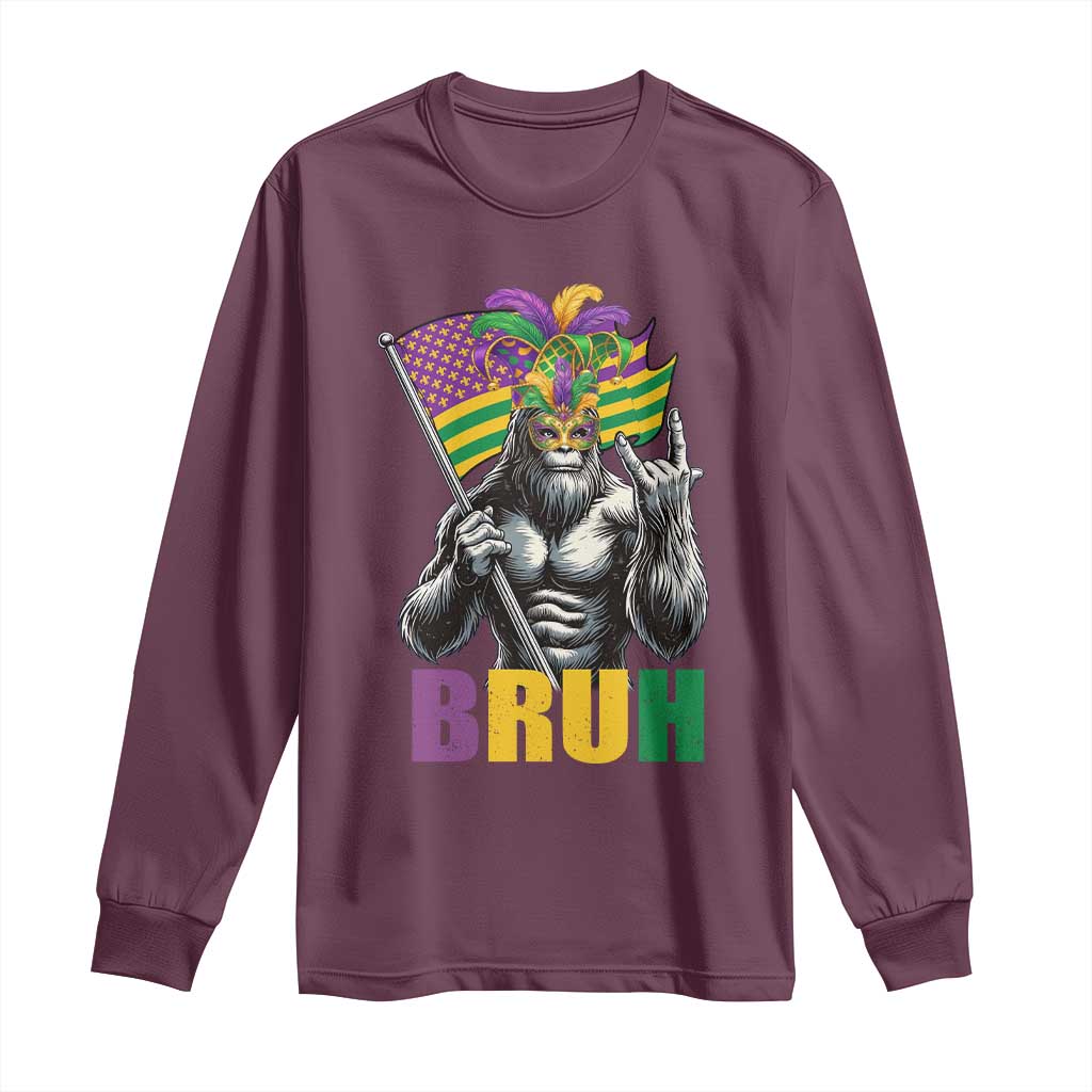 Funny Mardi Gras Bigfoot Bruh Long Sleeve Shirt Sasquatch Carnival NOLA American Flag TS11 Maroon Print Your Wear