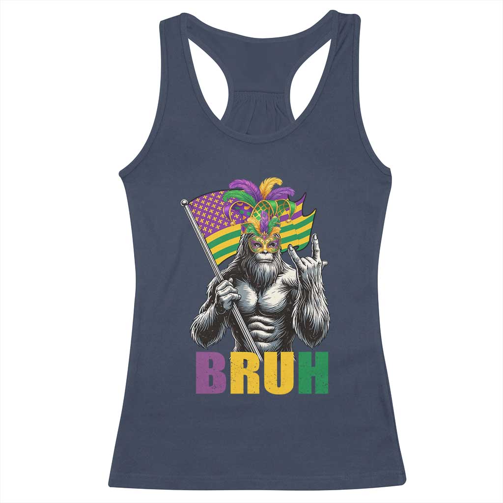 Funny Mardi Gras Bigfoot Bruh Racerback Tank Top Sasquatch Carnival NOLA American Flag TS11 Navy Print Your Wear