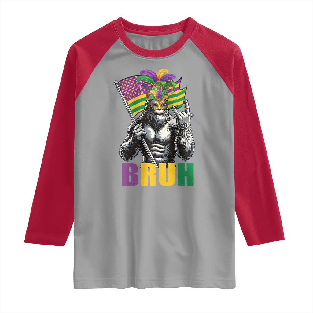 Funny Mardi Gras Bigfoot Bruh Raglan Shirt Sasquatch Carnival NOLA American Flag TS11 Sport Gray Red Print Your Wear