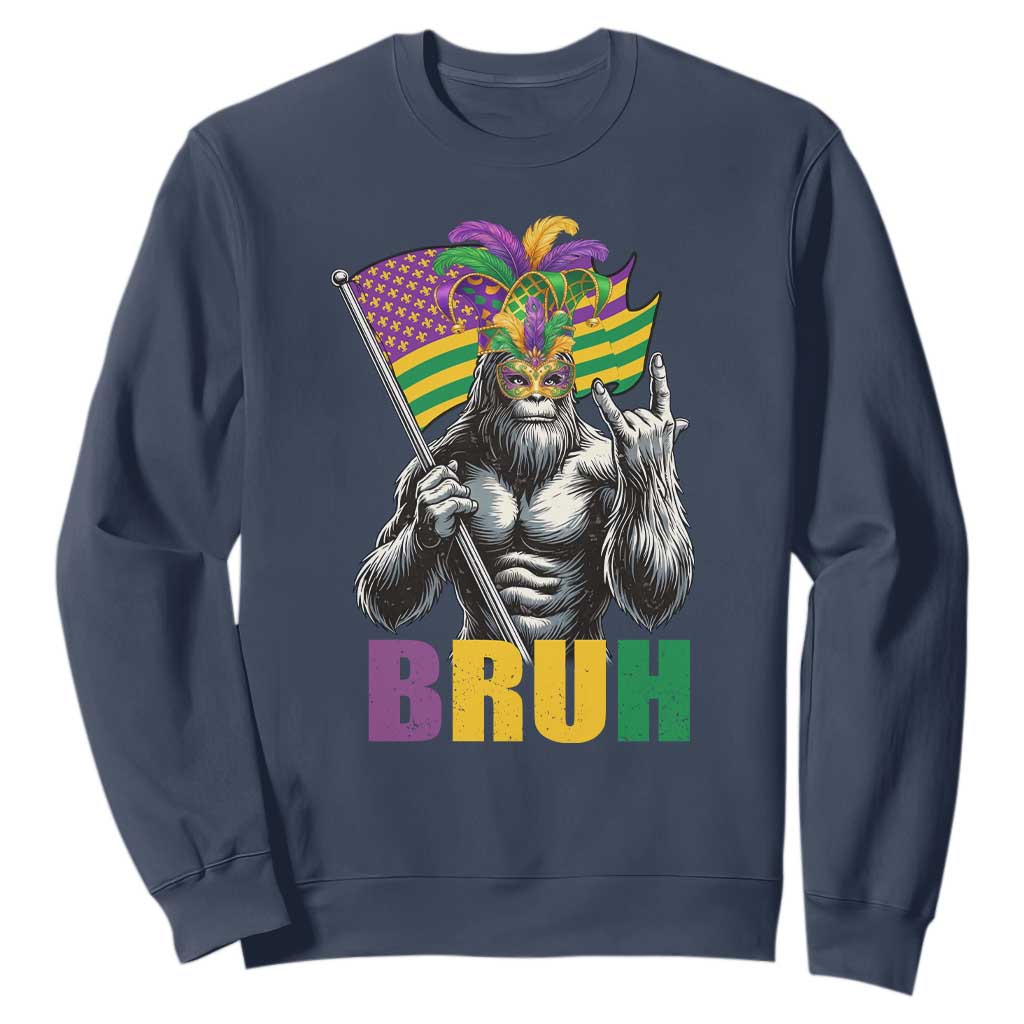 Funny Mardi Gras Bigfoot Bruh Sweatshirt Sasquatch Carnival NOLA American Flag TS11 Navy Print Your Wear