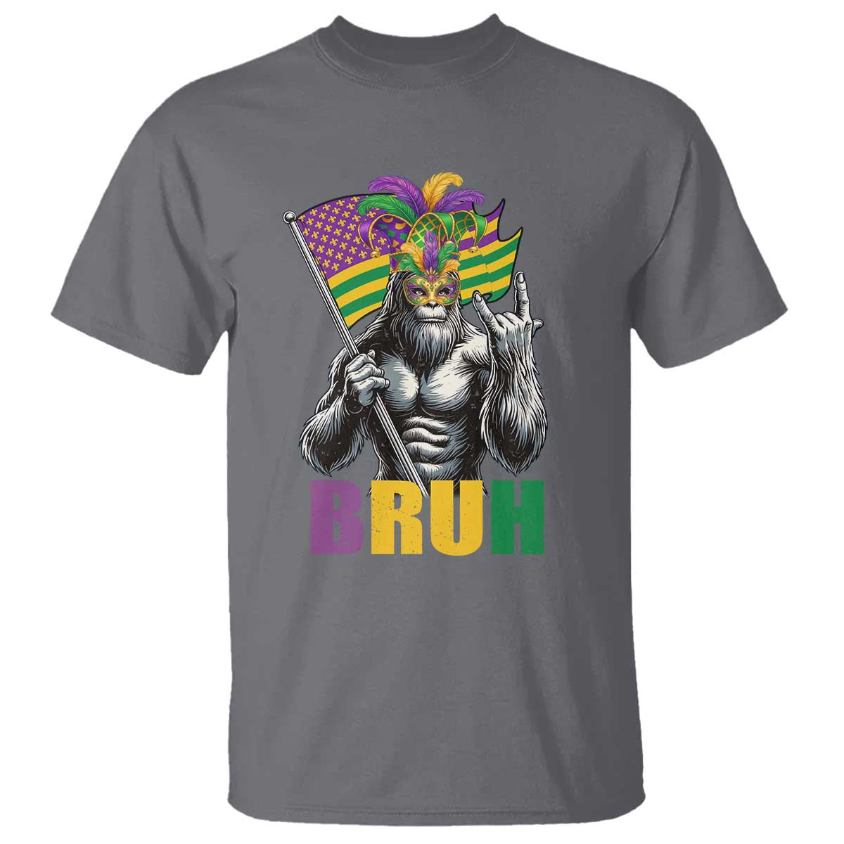 Funny Mardi Gras Bigfoot Bruh T Shirt Sasquatch Carnival NOLA American Flag TS11 Charcoal Print Your Wear