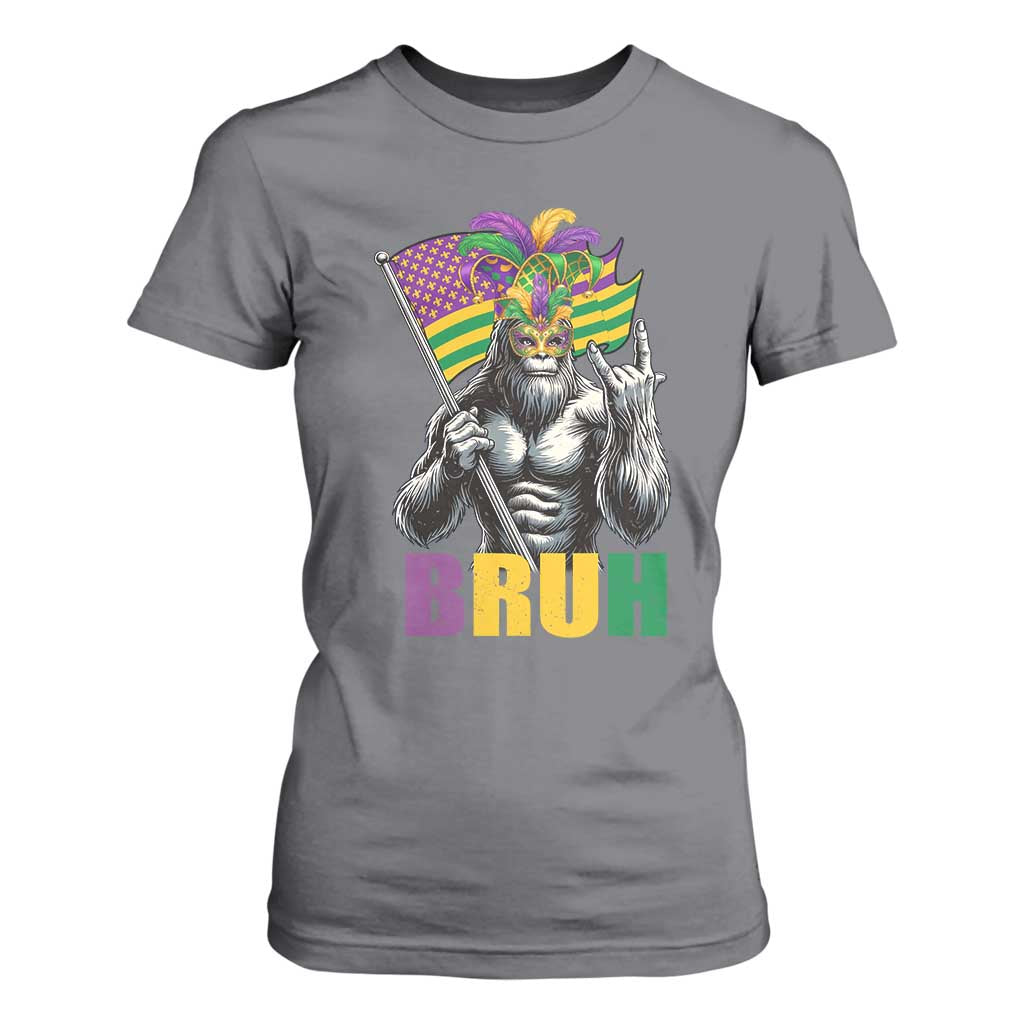 Funny Mardi Gras Bigfoot Bruh T Shirt For Women Sasquatch Carnival NOLA American Flag TS11 Charcoal Print Your Wear