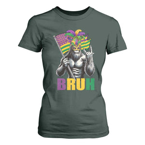 Funny Mardi Gras Bigfoot Bruh T Shirt For Women Sasquatch Carnival NOLA American Flag TS11 Dark Forest Green Print Your Wear