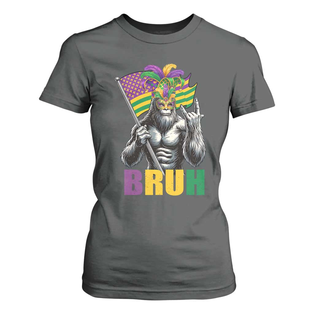 Funny Mardi Gras Bigfoot Bruh T Shirt For Women Sasquatch Carnival NOLA American Flag TS11 Dark Heather Print Your Wear