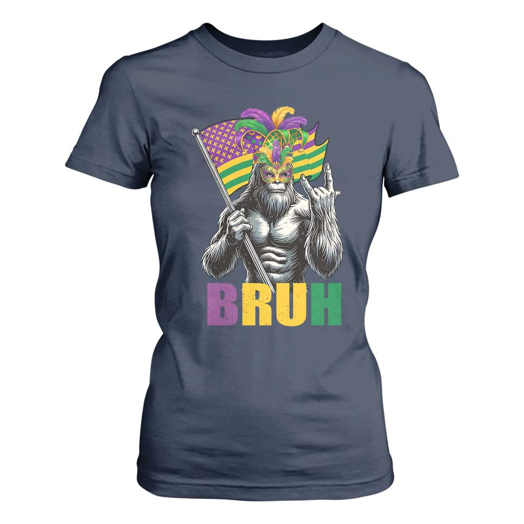 Funny Mardi Gras Bigfoot Bruh T Shirt For Women Sasquatch Carnival NOLA American Flag TS11 Navy Print Your Wear