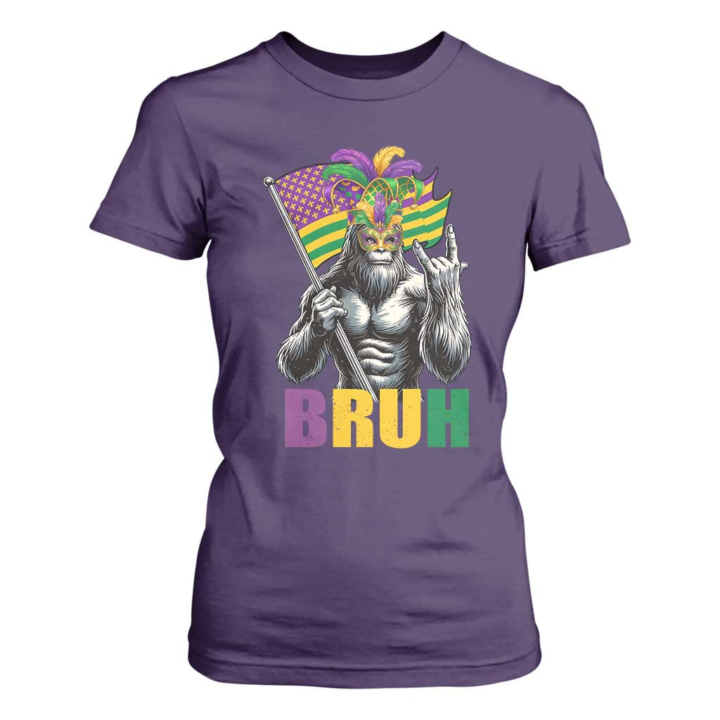 Funny Mardi Gras Bigfoot Bruh T Shirt For Women Sasquatch Carnival NOLA American Flag TS11 Purple Print Your Wear