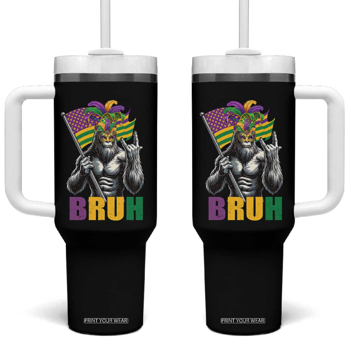 Funny Mardi Gras Bigfoot Bruh Tumbler With Handle Sasquatch Carnival NOLA American Flag TS11 One Size: 40 oz Black Print Your Wear