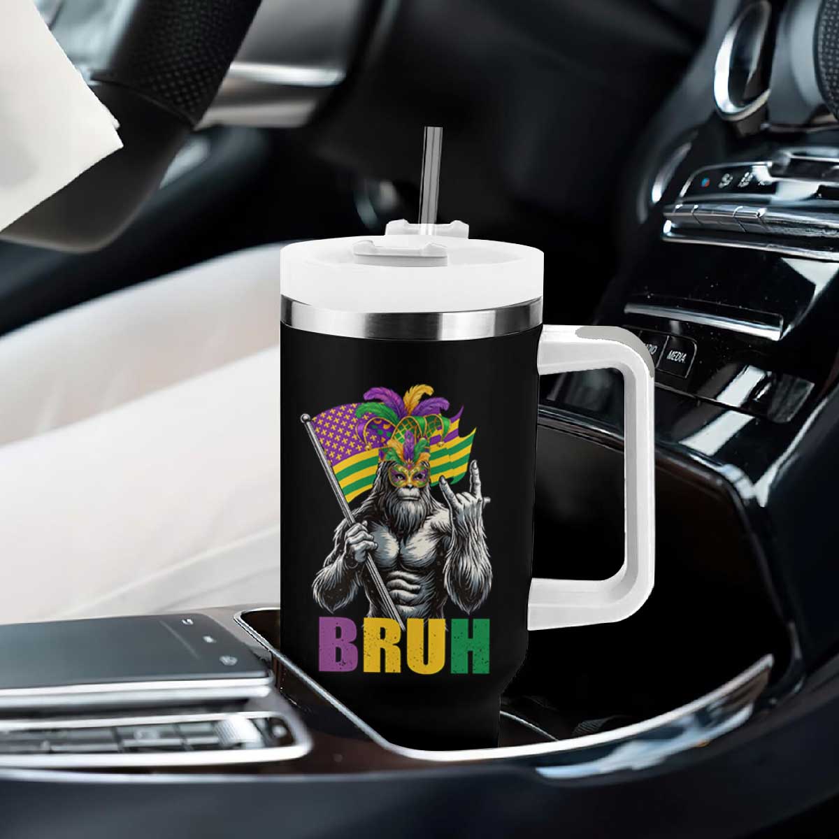 Funny Mardi Gras Bigfoot Bruh Tumbler With Handle Sasquatch Carnival NOLA American Flag TS11 Print Your Wear