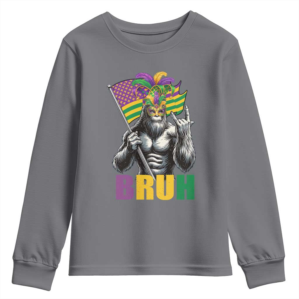Funny Mardi Gras Bigfoot Bruh Youth Sweatshirt Sasquatch Carnival NOLA American Flag TS11 Charcoal Print Your Wear