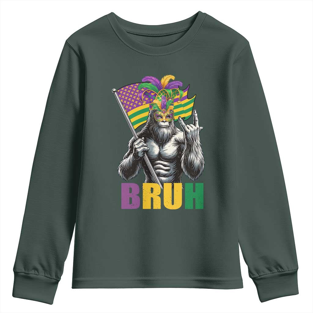 Funny Mardi Gras Bigfoot Bruh Youth Sweatshirt Sasquatch Carnival NOLA American Flag TS11 Dark Forest Green Print Your Wear