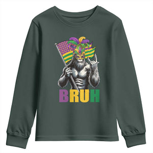 Funny Mardi Gras Bigfoot Bruh Youth Sweatshirt Sasquatch Carnival NOLA American Flag TS11 Dark Forest Green Print Your Wear