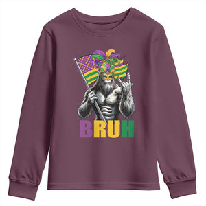 Funny Mardi Gras Bigfoot Bruh Youth Sweatshirt Sasquatch Carnival NOLA American Flag TS11 Maroon Print Your Wear