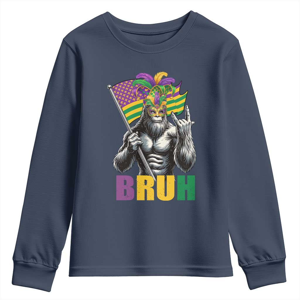 Funny Mardi Gras Bigfoot Bruh Youth Sweatshirt Sasquatch Carnival NOLA American Flag TS11 Navy Print Your Wear