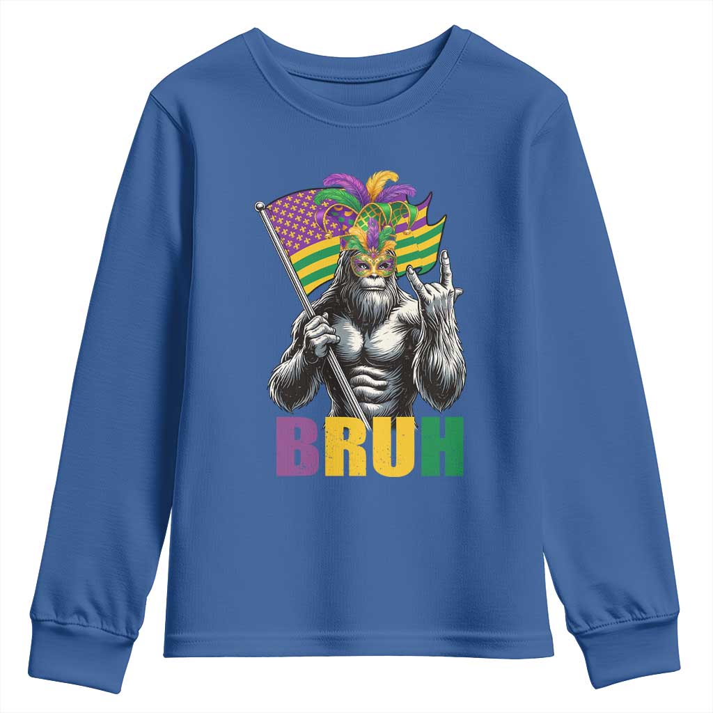 Funny Mardi Gras Bigfoot Bruh Youth Sweatshirt Sasquatch Carnival NOLA American Flag TS11 Royal Blue Print Your Wear