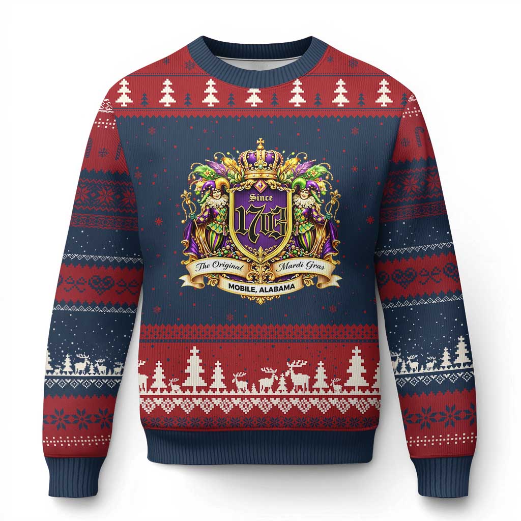 The Original Mardi Gras Mobile Alabama Since 1703 Ugly Christmas Sweater Funny Carnival TS11 Navy Red Print Your Wear