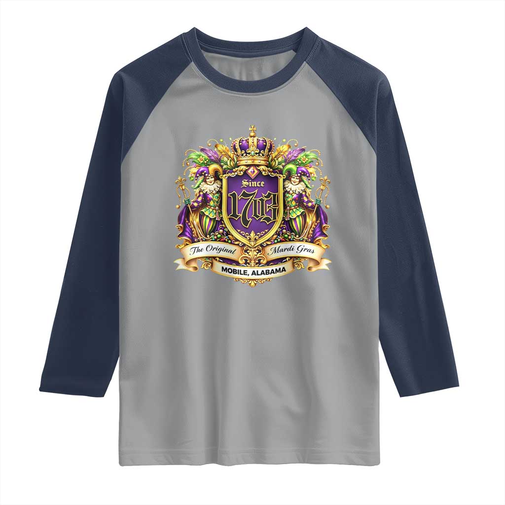 The Original Mardi Gras Mobile Alabama Since 1703 Raglan Shirt Funny Carnival TS11 Sport Gray Navy Print Your Wear
