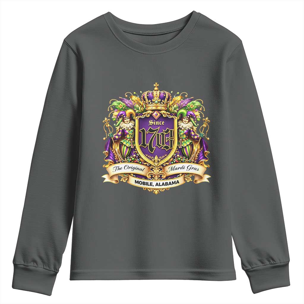 The Original Mardi Gras Mobile Alabama Since 1703 Youth Sweatshirt Funny Carnival TS11 Dark Heather Print Your Wear