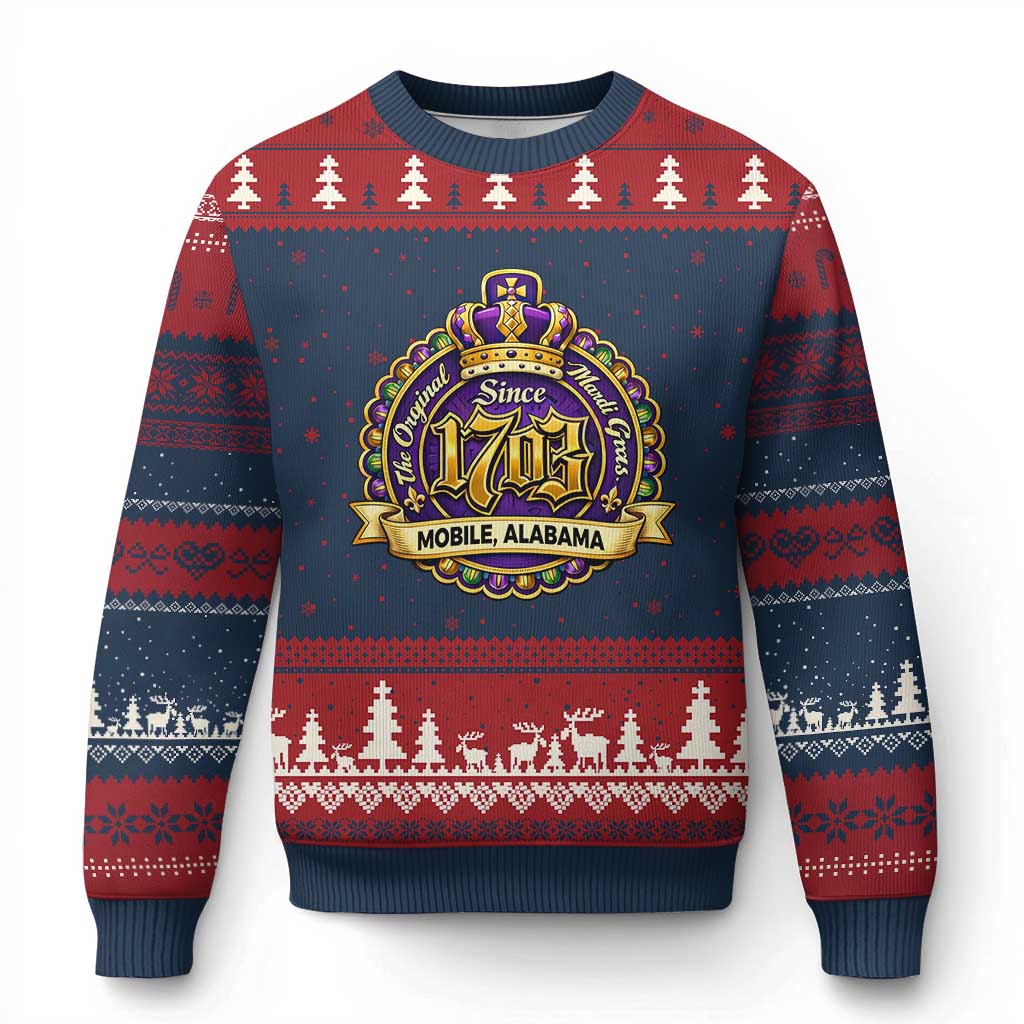 The Original Mardi Gras Mobile Alabama Since 1703 Ugly Christmas Sweater TS11 Navy Red Print Your Wear