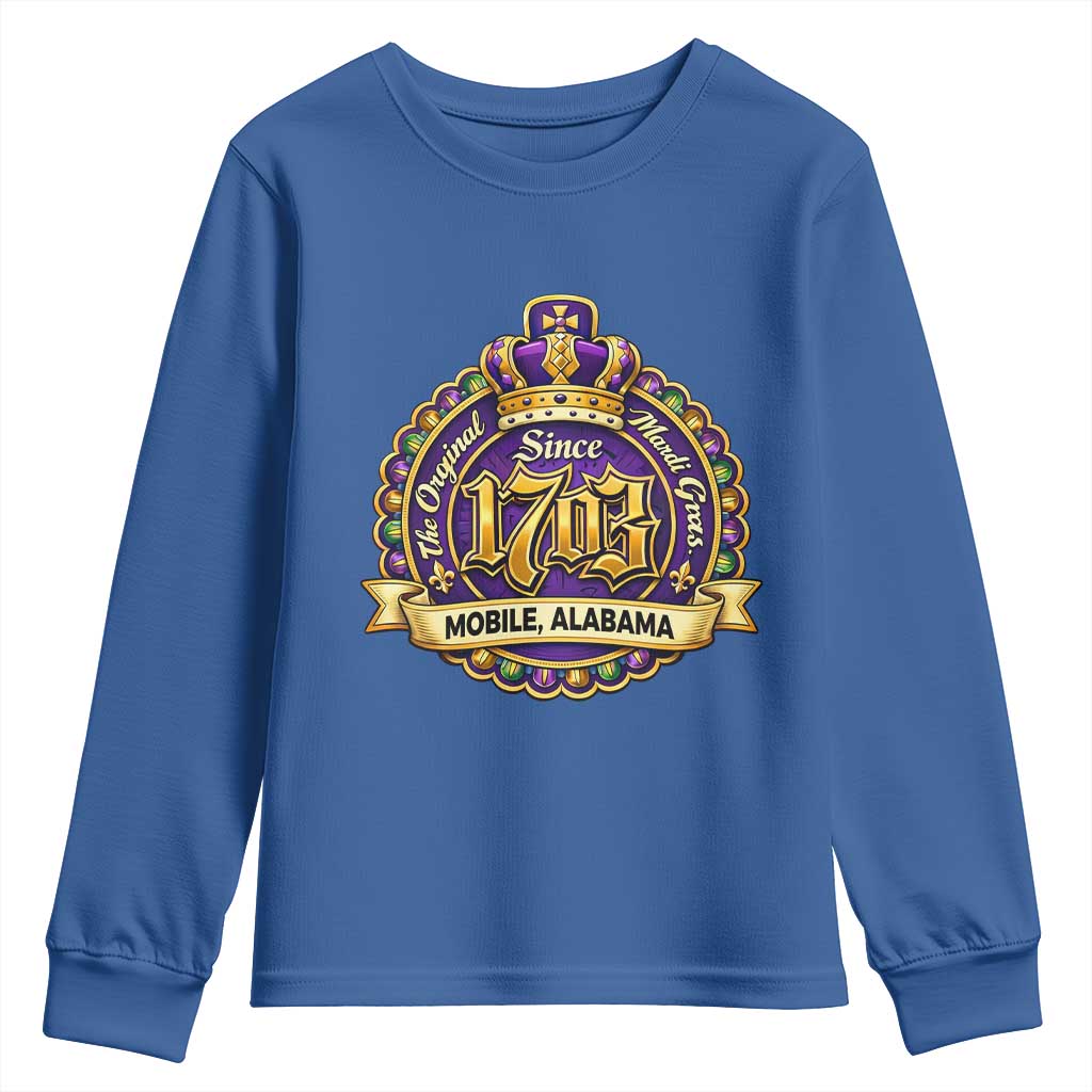 The Original Mardi Gras Mobile Alabama Since 1703 Youth Sweatshirt TS11 Royal Blue Print Your Wear