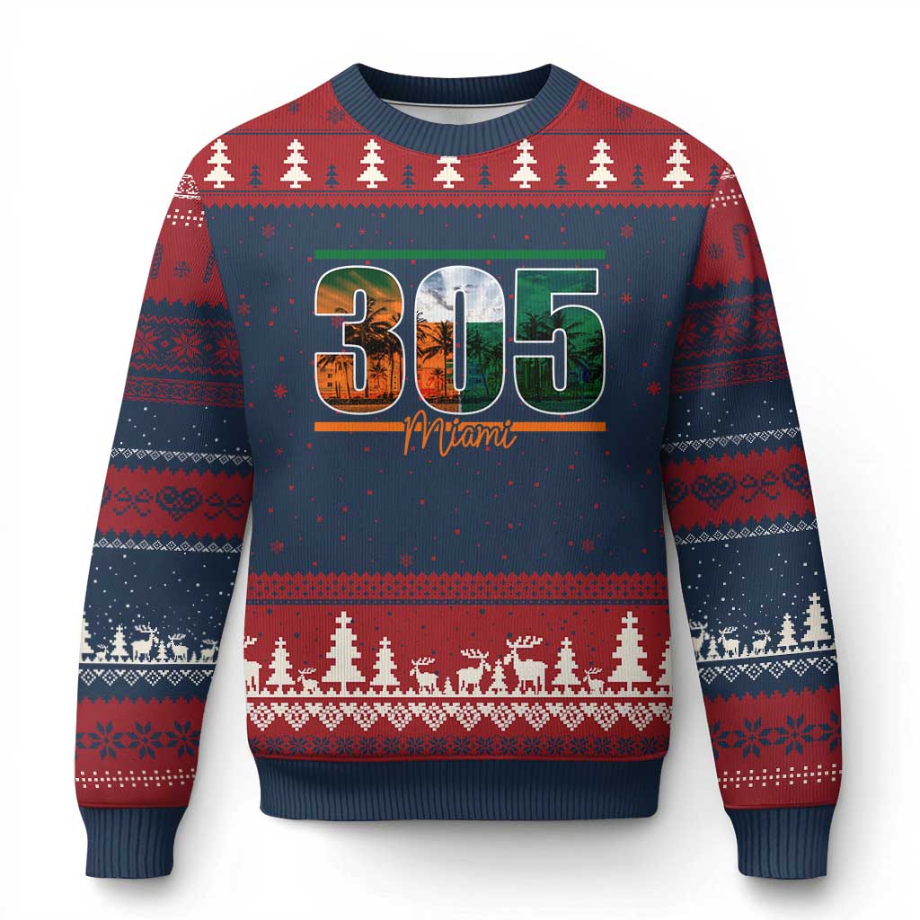 305 Miami Ugly Christmas Sweater Area Code Florida FL Vintage Palm Trees TS11 Navy Red Print Your Wear
