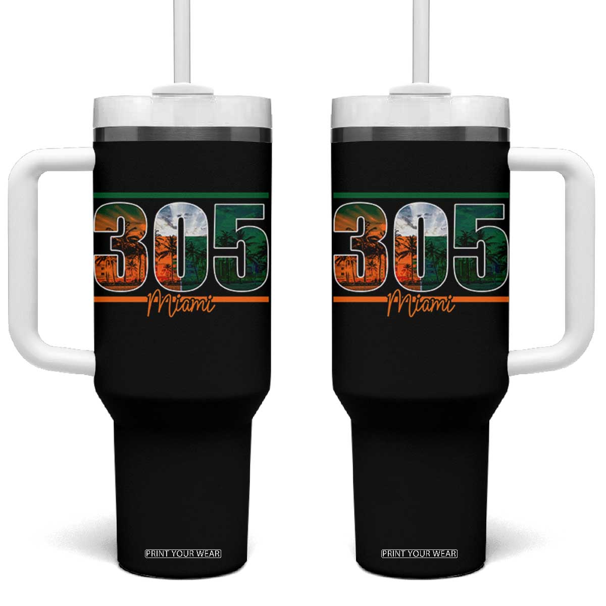 305 Miami Tumbler With Handle Area Code Florida FL Vintage Palm Trees TS11 One Size: 40 oz Black Print Your Wear