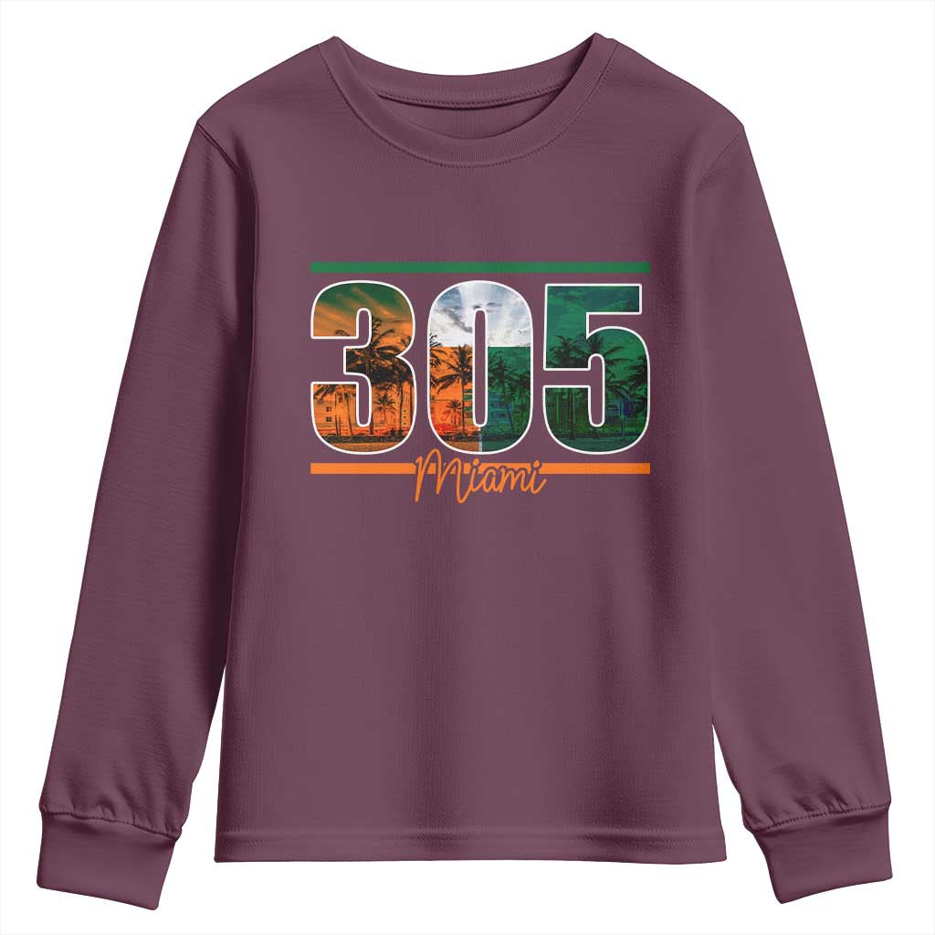 305 Miami Youth Sweatshirt Area Code Florida FL Vintage Palm Trees TS11 Maroon Print Your Wear