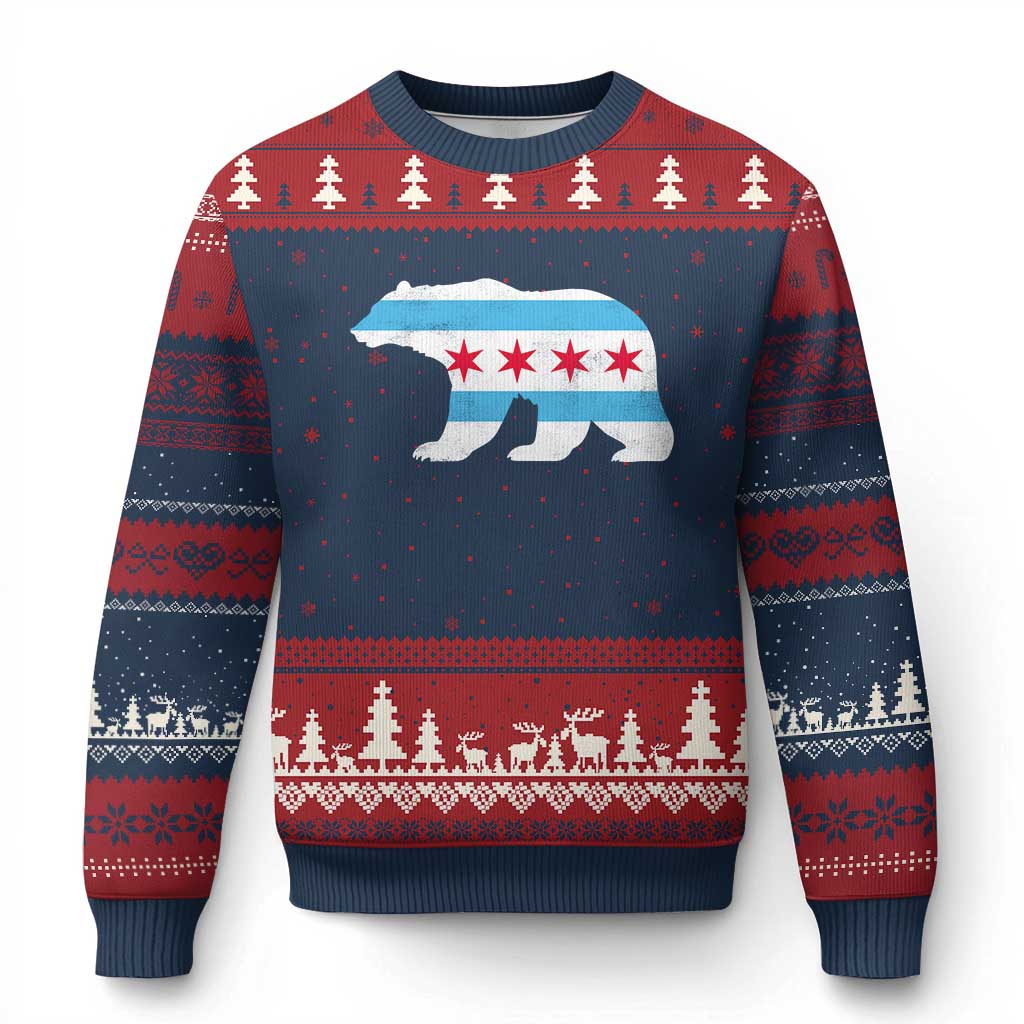 Vintage Chicago Flag Illinois State Bear Lover Ugly Christmas Sweater TS11 Navy Red Print Your Wear